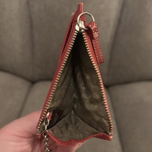 Coach Red Leather Zip Card Case Wallet w/ Key Ring – Compact Wristlet Pouch - Picture 3 of 3